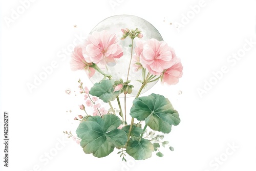 Watercolor illustration of pink geranium flowers with green leaves and full moon in the background, on a white paper texture with delicate decorative details
