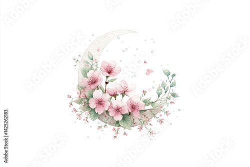 Watercolor crescent moon with pink cherry blossoms and delicate green leaves on white background