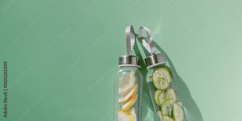 Cleansing and refreshing Lemon, cucumber water drink detox, shadow at sunlight, mint green banner. Wellness, alkaline diet, eating healthy concept. Glass reusable water bottles, top view, empty space