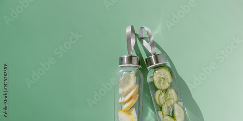 Cleansing and refreshing Lemon, cucumber water drink detox, shadow at sunlight, mint green banner. Wellness, alkaline diet, eating healthy concept. Glass reusable water bottles, top view, empty space
