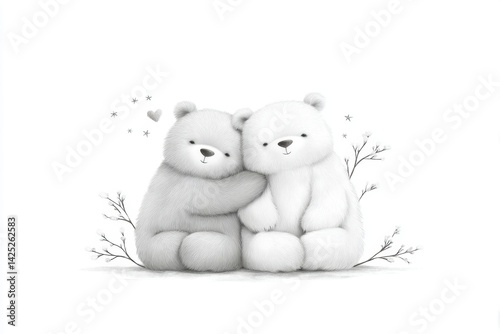 Two cute fluffy bears cuddling with delicate floral and star accents on a white background, symbolizing love, friendship and innocence