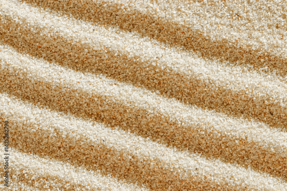 Smooth simple Lines on sand background, minimal aesthetic sandy texture. Spa, meditation, relaxation, wellness concept. Natural beige waves pattern in Japanese zen garden. View from above copy space