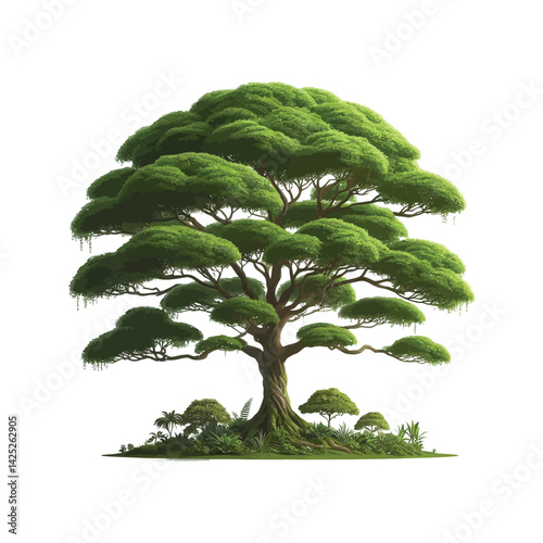 Green tree isolated on white background with leaves and branches, vector illustration of nature and foliage