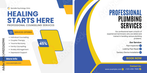 Marketing Graphics Featuring Counseling Services and Professional Plumbing Repair