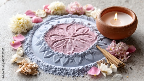 Mandala made of colored sand with floral patterns surrounded by flower petals, incense sticks and a burning candle in a clay holder on a textured surface