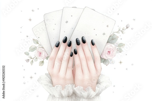 Elegant hands with black nails holding tarot cards against a floral background in soft pastel tones, delicate mystical style with watercolor texture and sparkling decorative elements