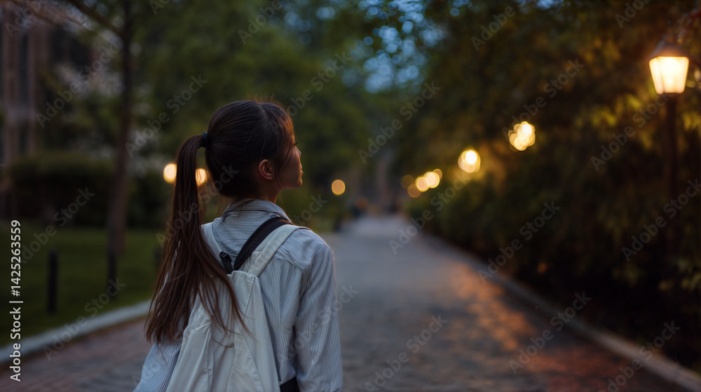 The image shows a person walking down a path at dusk, wearing a white backpack and a striped shirt
