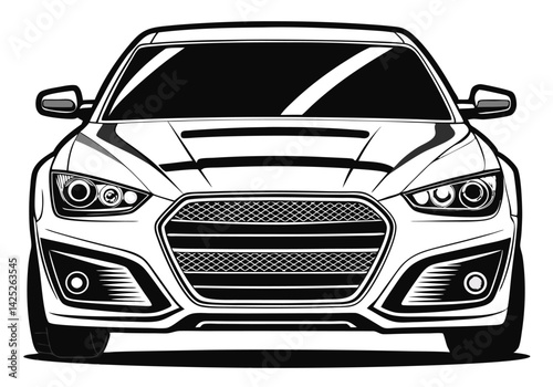 Black and White Car Front Drawing – Minimal Vector Automotive Illustration

