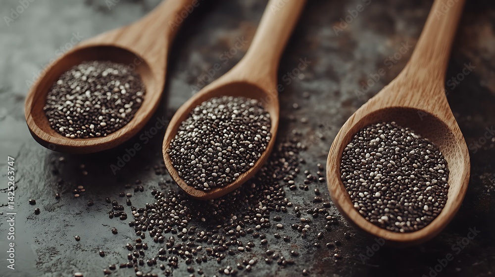 Three wooden spoons filled with chia seeds. Three wooden spoons filled with chia seeds.
