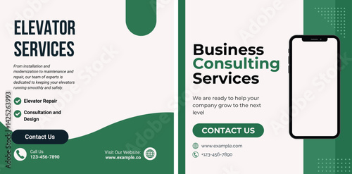 Elevator and Business Solutions Promotion with Sleek Green Design Elements