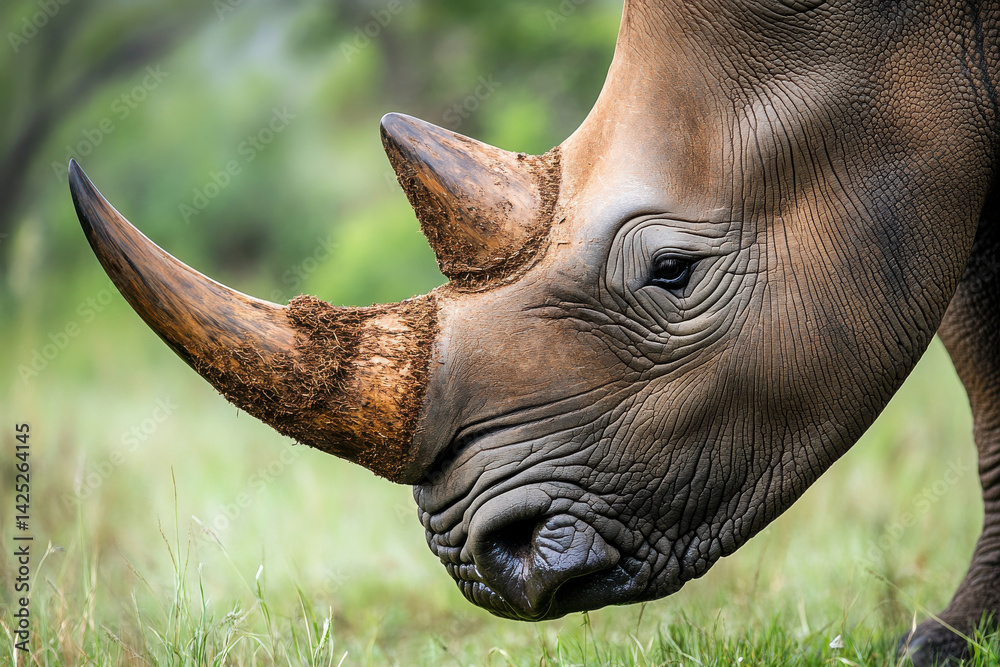 Fototapeta premium Endangered rhino with trimmed horn, symbolizing anti-poaching efforts