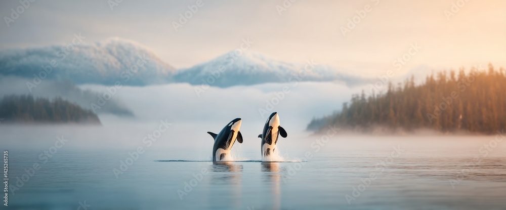 Fototapeta premium Orcas breaching in tranquil water. Mountains, trees, and mist create a scenic landscape