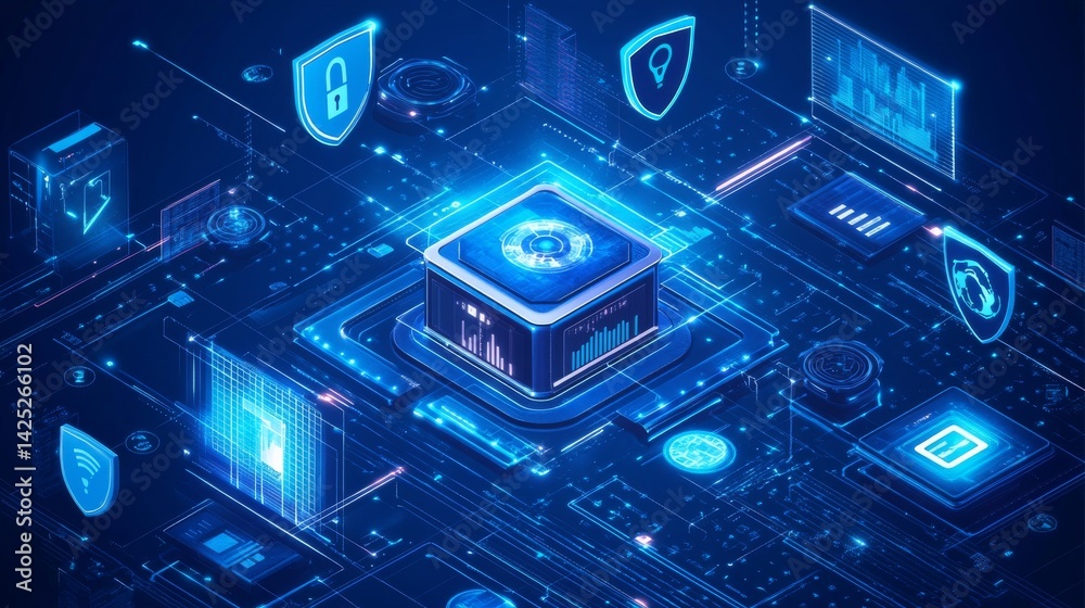 Fototapeta premium an image that showcases a digital vault surrounded by various security icons (like shields, firewalls, and locks). Show a central alert notification system monitoring the vault in real-time. The backg