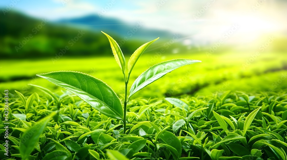 Obraz premium Tea Plant's Emerald Canopy: A close-up of vibrant green tea plant leaves unfurls, thriving amidst an expansive tea plantation beneath a radiant sun, capturing the essence of nature's vitality.