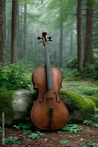 A cello standing upright on mossy rocks in a lush green forest.