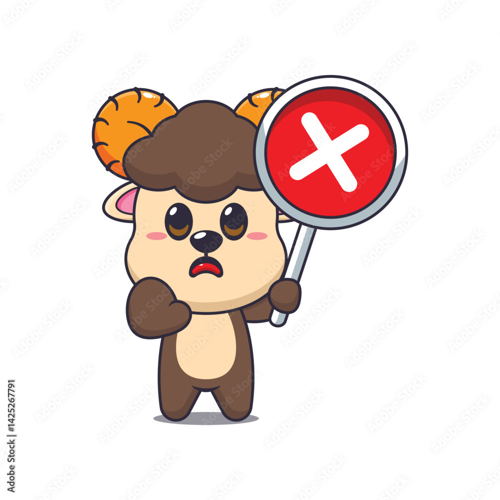 Naklejka premium Cute ram cartoon vector illustration with wrong sign
