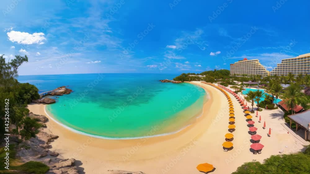 Tropical beach with colorful umbrellas and clear turquoise water, aerial vacation footage Tropical beach with colorful umbrellas and clear turquoise water, aerial vacation footage