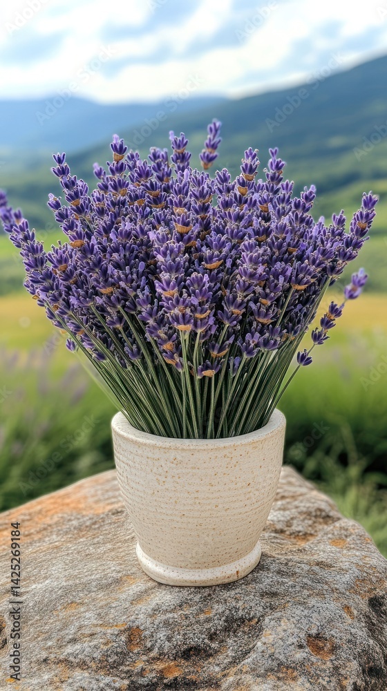 Fototapeta premium Lavender bouquet in a pot, outdoor setting