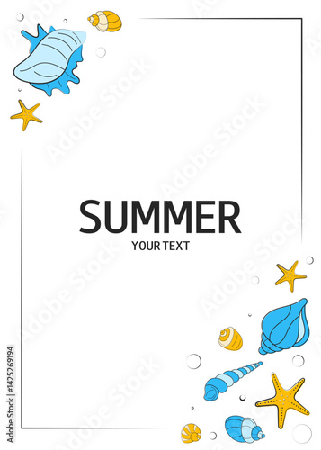 Summer frame with shells, sea animals and water bubbles. Decorative elements for greeting card, wedding, birthday, invitation, banner, sale, scrapbooking. Vector illustration.