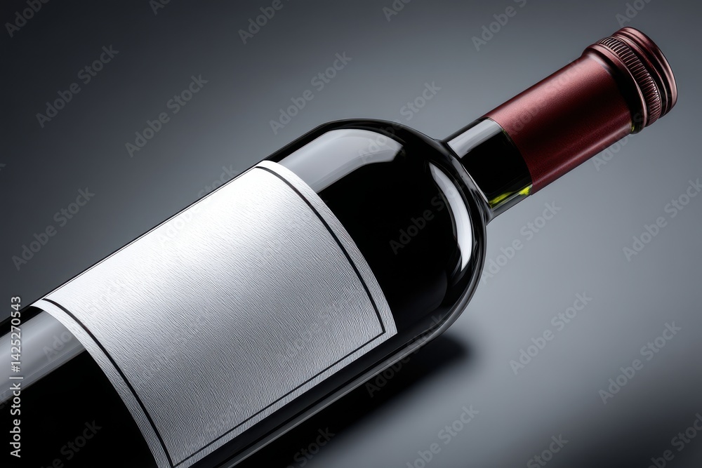 Fototapeta premium A Luxurious Red Wine Bottle: An elegant bottle of red wine lies on a reflective surface, its blank label promising a rich, full-bodied experience, against a deep background.