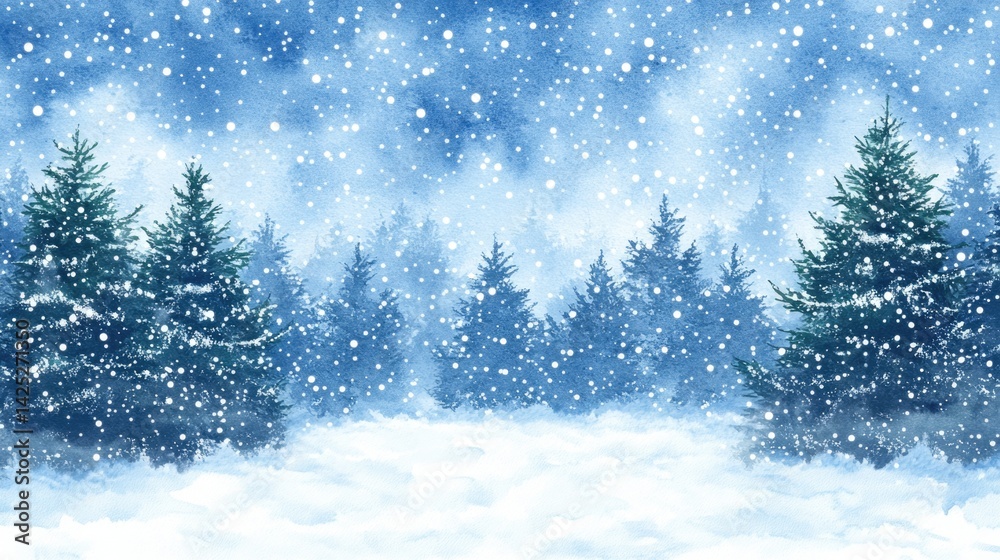 Snow falls gently over a tranquil forest, blanketing the trees and ground in a peaceful winter scene that evokes calm and beauty