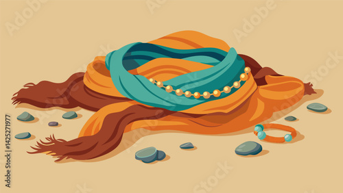 A faded silk scarf adorned with intricate beadwork and long forgotten stories rests atop a pile of discarded bracelets and bangles.. Vector illustration