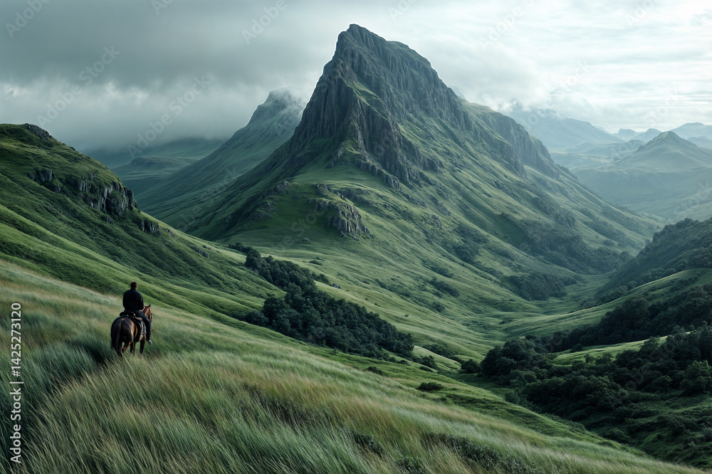 In the image, a person is riding a horse on a grassy hillside, with a majestic mountain range in the background and a cloudy sky overhead