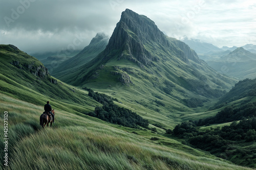Obraz na płótnie In the image, a person is riding a horse on a grassy hillside, with a majestic mountain range in the background and a cloudy sky overhead w salonie