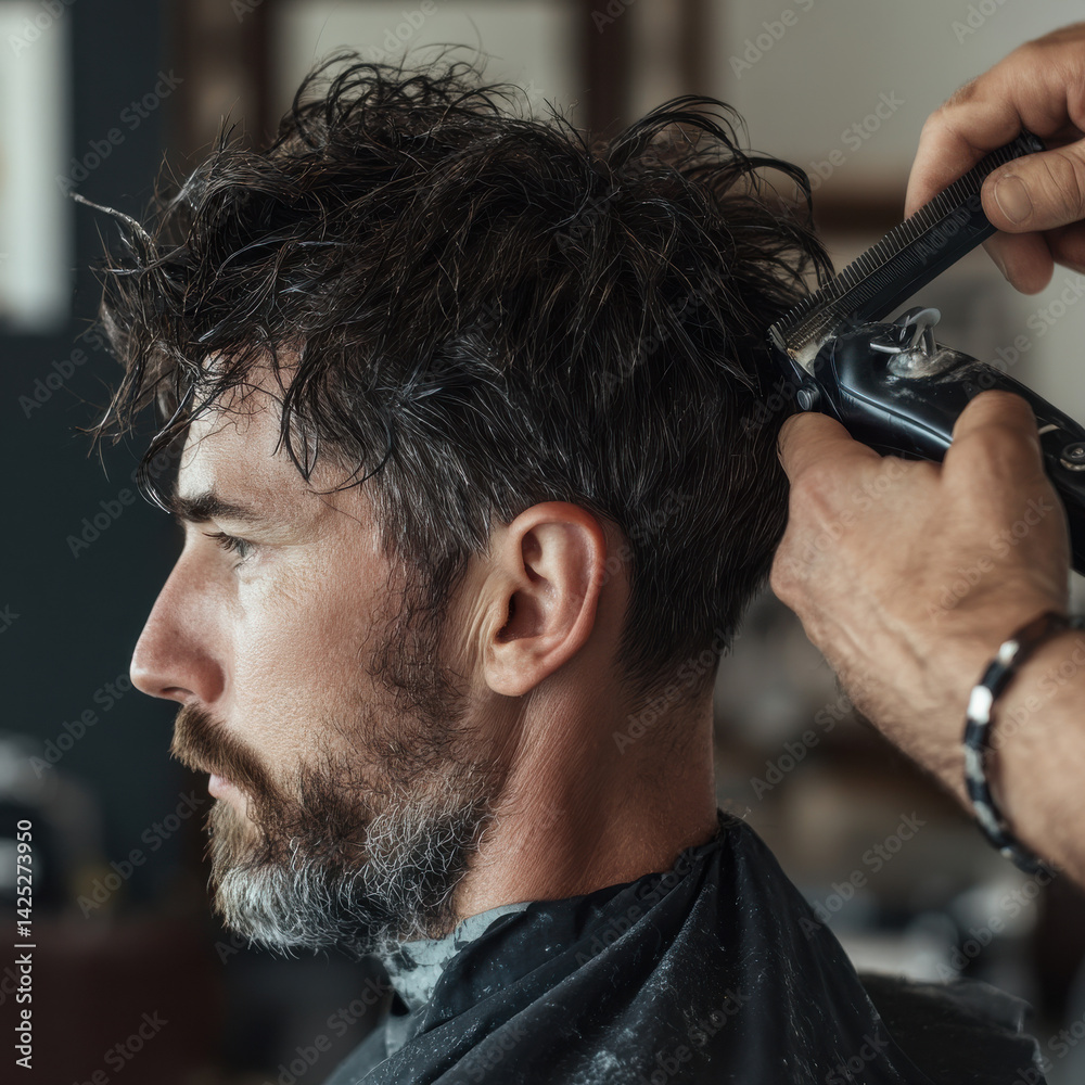 Fototapeta premium Male hairdresser making a haircut for a young man in a barber shop. He's standing behind client, finishing work with hair clipper. Close up, cropped 