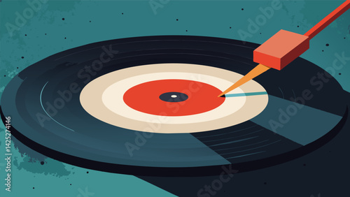 A magnified view of a record needle steadily moving over the textured surface of a vinyl. Vector illustration