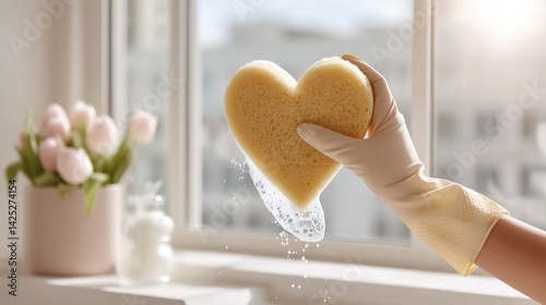 Hand in rubber glove cleaning window with heart-shaped sponge, sunlight shining through, soft tulips in background, concept of care and love in everyday chores