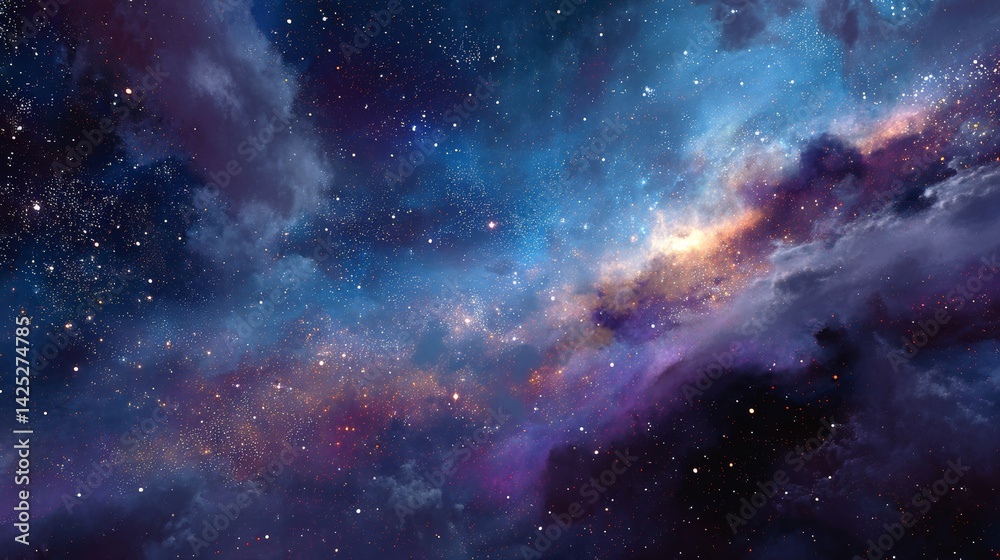 Fototapeta premium Galaxy filled with stars and nebulas, wide panoramic cosmic scene filled with deep space beauty and wonder.