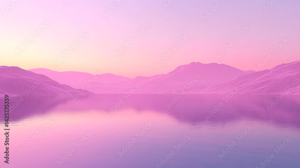 Obraz premium Serene landscape with mountains and a tranquil lake at sunset, featuring soft pink hues.