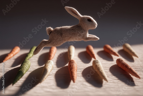 A bunny jumping over a line of carrots like hurdles in a race
