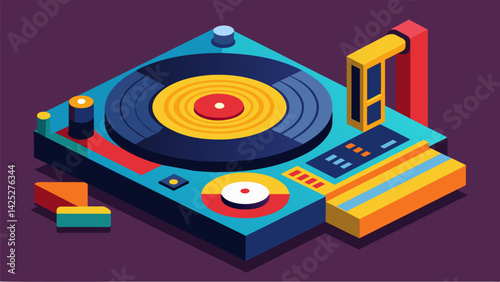 A record pressing machine that uses 3D printing technology to create customshaped records with intricate designs. Vector illustration