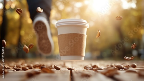 Coffee cup in motion, autumn park