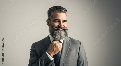 Smiling Bearded Man in Gray Suit Adjusting Blue Tie