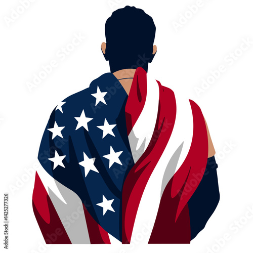 Heroic figure draped in American flag, symbolizing national pride