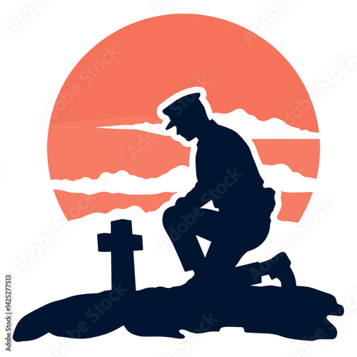 Kneeling soldier pays tribute at grave against sunset background, honor