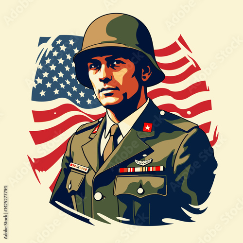 Heroic soldier portrait with American flag background, honor and pride