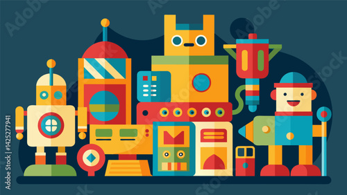 A display of vintage toys and games from handcrafted wooden toys to colorful tin windup robots transporting visitors back to their childhood.. Vector illustration