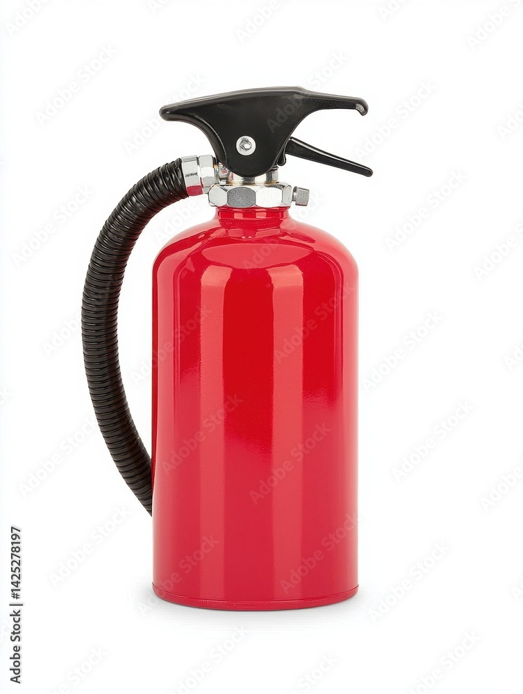 Obraz premium Bright Red Fire Extinguisher with Nozzle on White Background