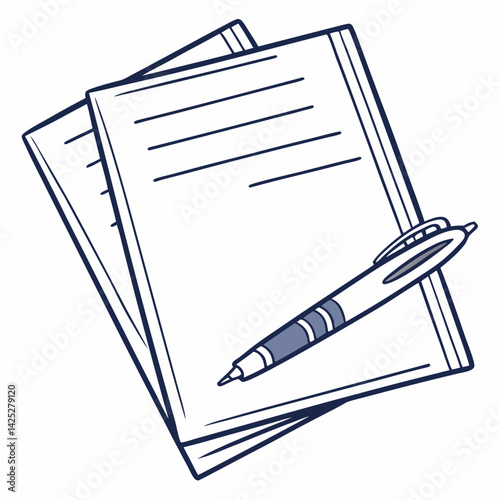 Paper stack with pen with white background 