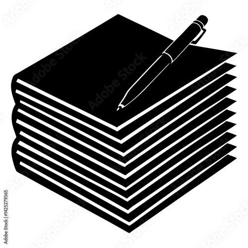 Paper stack with pen with white background 
