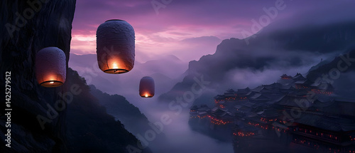 Misty Mountain Valley with Sky Lanterns