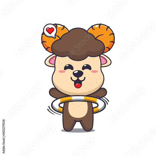 Cute ram cartoon vector illustration playing hula hoop