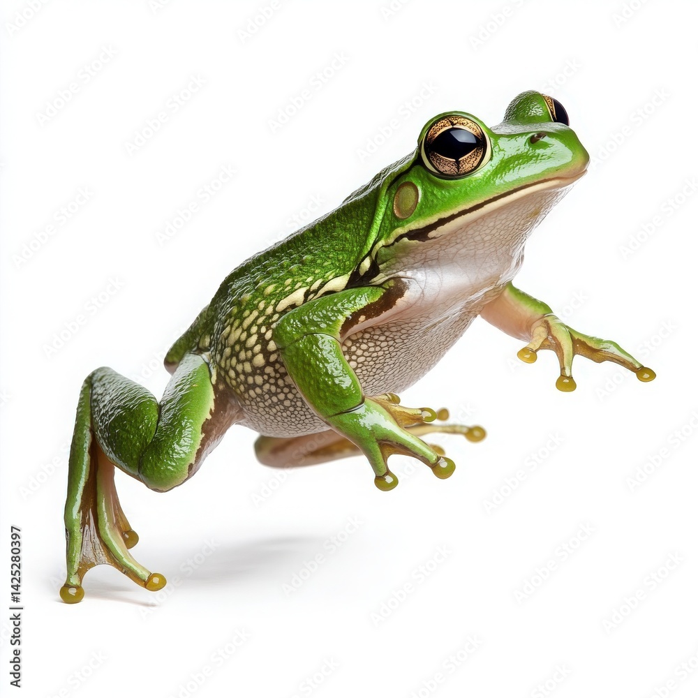 Fototapeta premium Vibrant Green Frog Leaping Against White Background