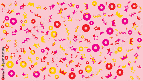 Pink background with yellow and red geometric shapes. Suitable for abstract backgrounds, modern designs, art prints, and graphic elements.
