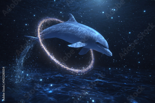 A dolphin leaping through a glowing hoop of stars in a sparkling ocean
