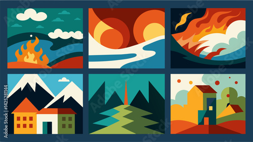 A series of abstract paintings each one showing a different natural disaster from hurricanes to wildfires emphasizing the severity of the current.